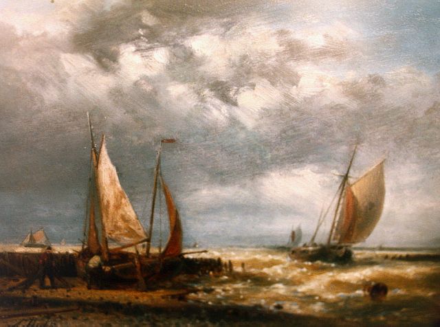 Abraham Hulk | Flatboats by a jetty, Öl auf Holz, 15,0 x 20,3 cm, signed l.l.
