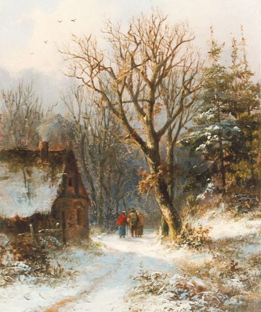 Alexander Joseph Daiwaille | Travellers on a country lane in winter, Öl auf Holz, 14,7 x 12,0 cm, signed indistinctly