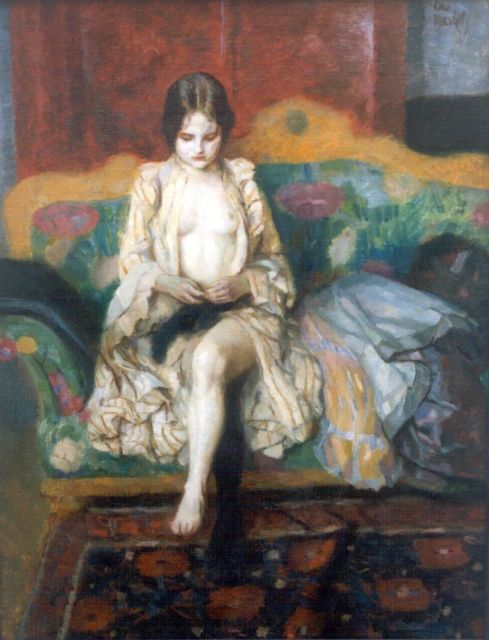 Otto  Herschel | A young lady on a sofa, Öl auf Leinwand, 52,9 x 40,8 cm, signed u.r.