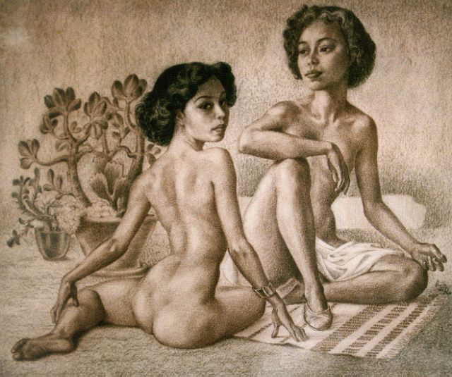 Ru H.B.W. de | Two Oriental nudes, Bleistift auf Papier 34,5 x 41,0 cm, signed l.r.