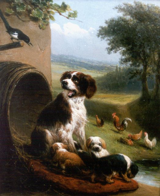 Henriette Ronner | A dog with puppies, Öl auf Holz, 17,0 x 13,7 cm, signed l.r.
