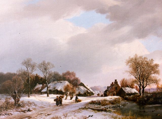 Barend Cornelis Koekkoek | Eine Winterlandschaft mit Reisenden auf einem Weg, Öl auf Leinwand, 36,0 x 47,2 cm, Unterzeichnet r.u. und datiert 1827