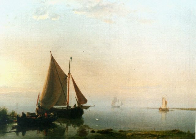Koekkoek H.  | Shipping in a calm at sunset, Öl auf Leinwand 37,3 x 54,0 cm, signed l.r. und dated '47