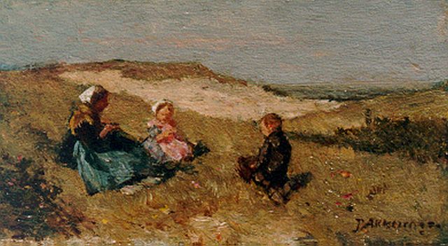 Johannes Evert Akkeringa | Mother and children in the dunes, Öl auf Tafel, 7,5 x 12,6 cm, signed l.r.