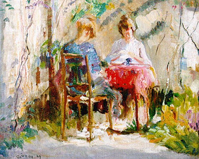 Góth M.  | Ada und Sarika im Garten in Oosterbeek, Öl auf Leinwand auf Holz 21,6 x 26,8 cm, signed l.l.