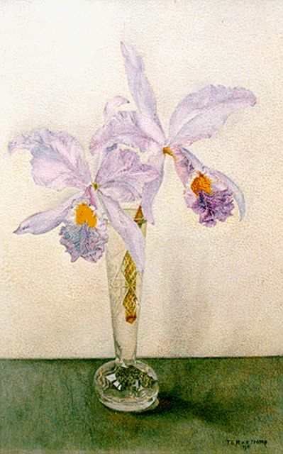Tjitske van Hettinga Tromp | Purple orchids, Öl auf Holz, 33,0 x 21,8 cm, signed l.r. und dated 1911