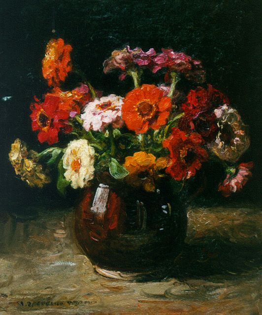 Jan Zoetelief Tromp | A still life with zinnias, Öl auf Leinwand, 42,0 x 35,0 cm, signed l.l.