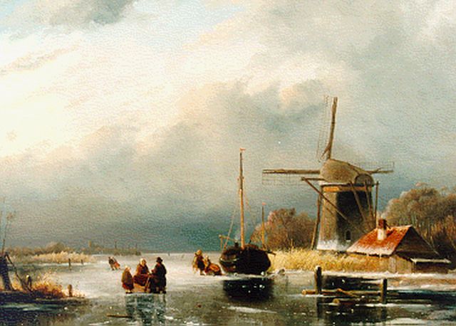 Hoen C.P. 't | A winter landscape with skaters by a windmill, Öl auf Holz 32,0 x 43,5 cm, signed l.l. und dated 1846
