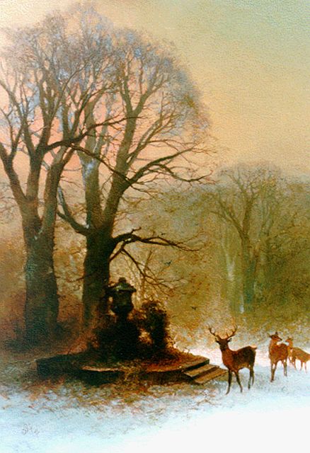 Charles Rochussen | Deer in a winter landscape, Öl auf Holz, 59,9 x 44,6 cm, signed l.l. with initials und dated 1872