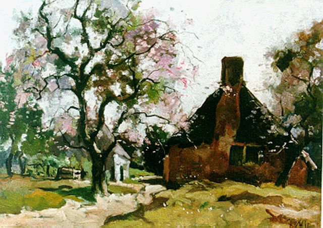 Jan van Vuuren | A yard with a blossoming tree, Öl auf Leinwand, 33,0 x 45,4 cm, signed l.r.