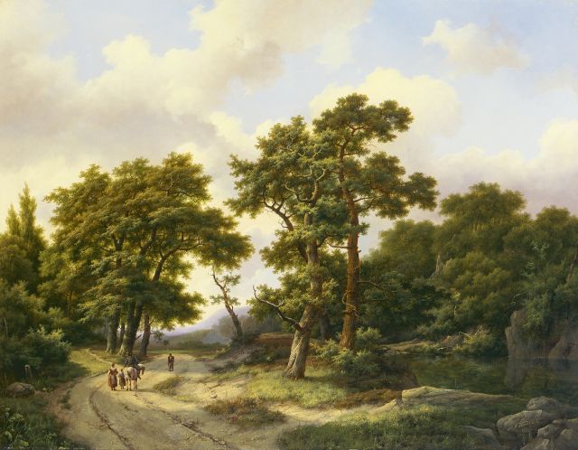 Marinus Adrianus Koekkoek I | Travellers in a wooded landscape, Öl auf Leinwand, 61,2 x 79,0 cm, signed l.r. und dated 1861