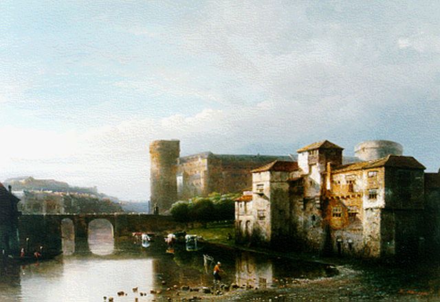 Kasparus Karsen | Stad met kasteel aan de rivier, Öl auf Holz, 37,5 x 53,7 cm, gesigneerd r.o.