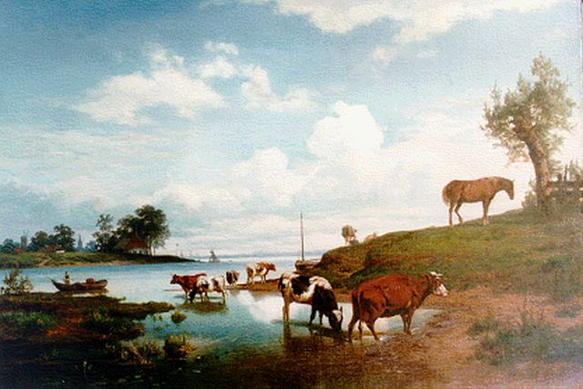 Hendrik Lot | A river landscape with cattle watering, Öl auf Leinwand, 58,0 x 84,0 cm, signed l.r.