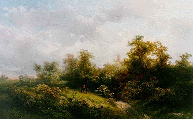 Pieter Kluyver | Travellers in a wooded landscape, Öl auf Holz, 32,0 x 52,0 cm, signed l.l.