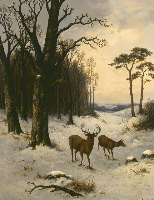 Hendrik Pieter Koekkoek | Rotwild mit Damhirschkuh in der Winterwaldlandschaft, Öl auf Leinwand, 91,5 x 71,0 cm, Unterzeichnet r.u.