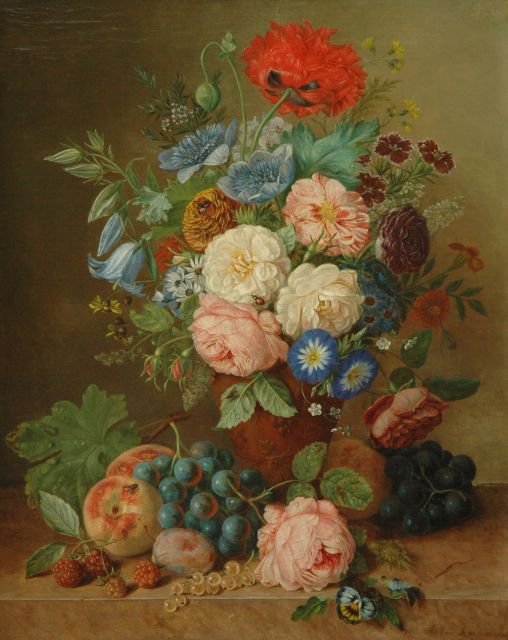 Adriana van Ravenswaay | A still life with flowers, fruit and insects, Öl auf Leinwand, 51,2 x 41,4 cm, signed l.r.