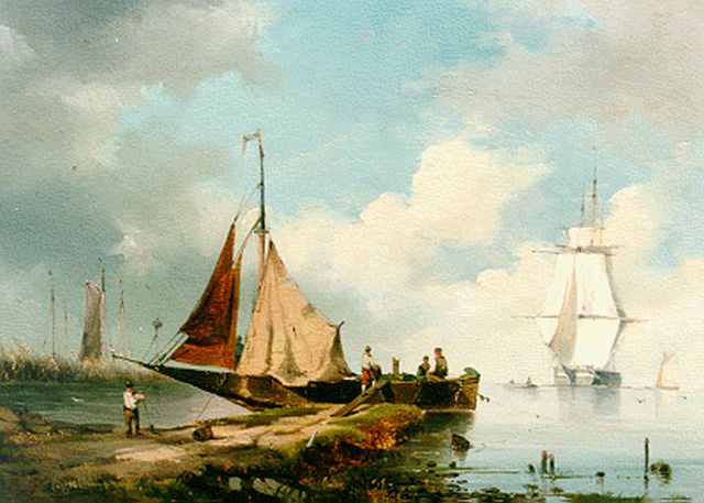Adrianus David Hilleveld | Moored sailing vessel, Öl auf Holz, 30,0 x 40,3 cm, signed l.l.