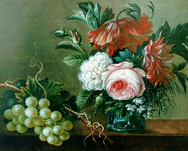 Apol A.  | Still life with flowers and grapes, Öl auf Holz 22,9 x 28,3 cm, signed l.r. und datiert 1845