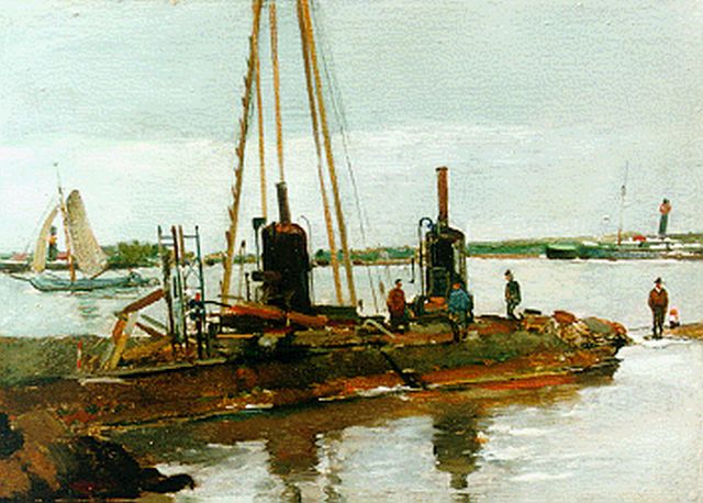 Piet Groen | Dredging, Rotterdam, Öl auf Holz, 20,1 x 27,2 cm, signed l.l.