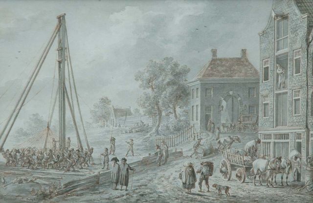 Langendijk D.  | Driving piles in a Dutch city, Getuschte Tinte auf Papier 13,4 x 20,0 cm, signed l.l. und dated 15 juni 1798