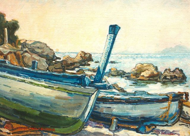 Maria Augusta Kruijff-Willemier | A rocky coast with moored boats, Öl auf Leinwand, 23,0 x 33,0 cm, signed l.l.