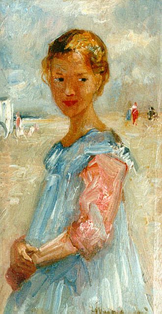 Simon Maris | A little girl in a blue dress on the beach, Zandvoort, Öl auf Holz, 22,0 x 11,7 cm, signed l.r. und dated 1917