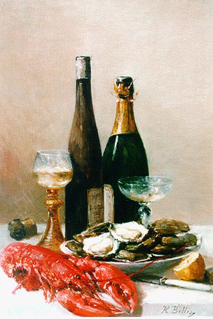 Hubert Bellis | A still life with oysters and champagne, Öl auf Leinwand, 57,2 x 40,4 cm, signed l.r.