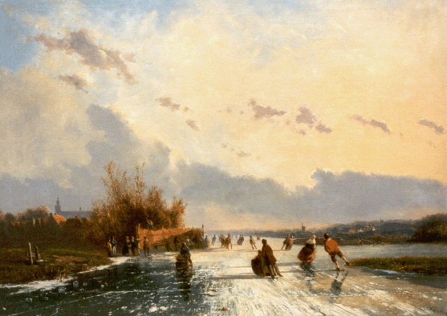 Pieter van Borselen | A winter landscape with figures skating on the ice, Öl auf Leinwand, 50,2 x 70,4 cm, signed l.r. with initials und dated 1864
