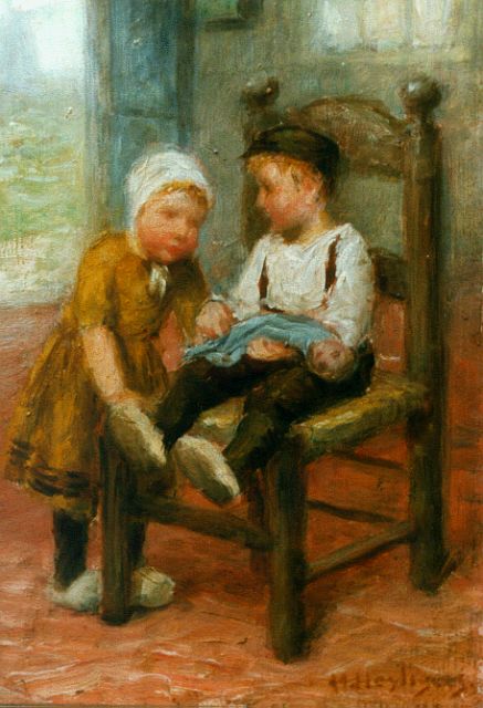 Heijligers H.  | Children playing with a doll, Öl auf Holz 18,0 x 13,2 cm, signed l.r.
