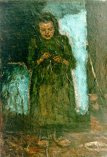 Suze Robertson | Kleine Strickerin, Öl auf Leinwand, 42,7 x 30,3 cm, Unterzeichnet u.l.