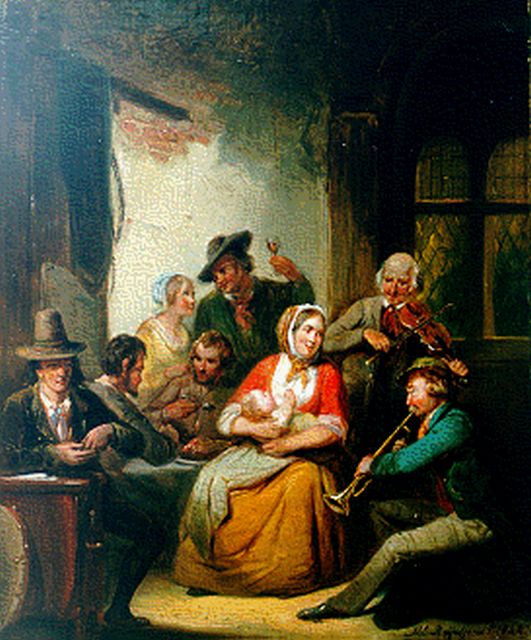 Henricus Engelbertus Reijntjens | Musicians, Öl auf Leinwand, 40,6 x 30,6 cm, signed l.r. und dated 1844
