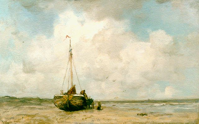 Jacob Maris | 'Bomschuit' on the beach of Scheveningen, Öl auf Leinwand, 50,0 x 79,2 cm, signed l.l.