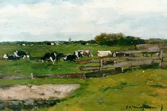 Jan Hendrik Weissenbruch | A summer landscape with cows grazing, Öl auf Leinwand Malereifaser, 17,5 x 24,5 cm, signed l.r.