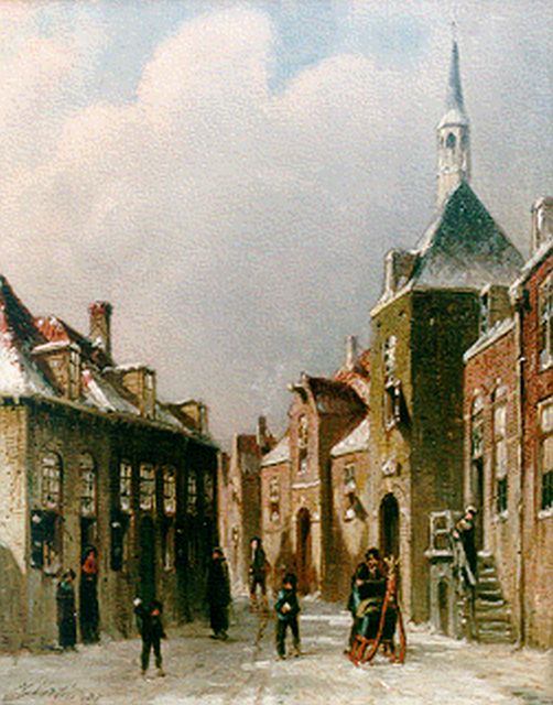 Petrus Gerardus Vertin | Townsfolk in a street in winter, Öl auf Holz, 24,0 x 19,4 cm, signed l.l. und dated '87