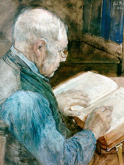 Paul Rink | Reading the bible, Aquarell auf Papier, 63,0 x 47,8 cm, signed u.r. und dated 1899