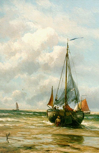 Jan H.B. Koekkoek | 'Bomschuit' in the surf, Öl auf Leinwand, 80,0 x 53,5 cm, signed l.l.