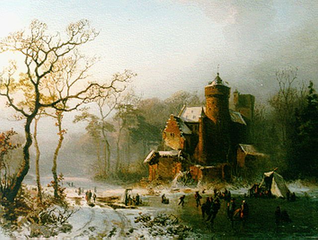 Alfred Edouard Agenor van Bylandt | Skaters on a frozen waterway near a castle, Öl auf Holz, 31,7 x 42,5 cm