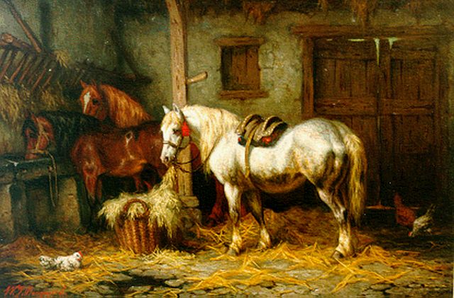 Willem Johan Boogaard | Three horses in a stable, Öl auf Holz, 26,8 x 39,9 cm, signed l.l. und dated 1881