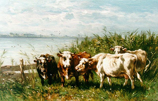 Haas J.H.L. de | Cows on the Riverbank, Öl auf Holz 30,9 x 46,9 cm, signed l.r.