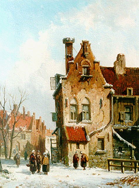 Adrianus Eversen | Dailiy activities in a Dutch town in winter, Öl auf Tafel, 18,4 x 13,8 cm, signed l.l. with monogram