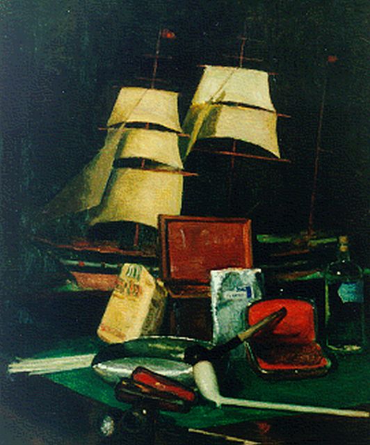 Peizel B.  | Still life with model ship, Öl auf Leinwand 60,0 x 50,2 cm, signed l.l. and on the reverse