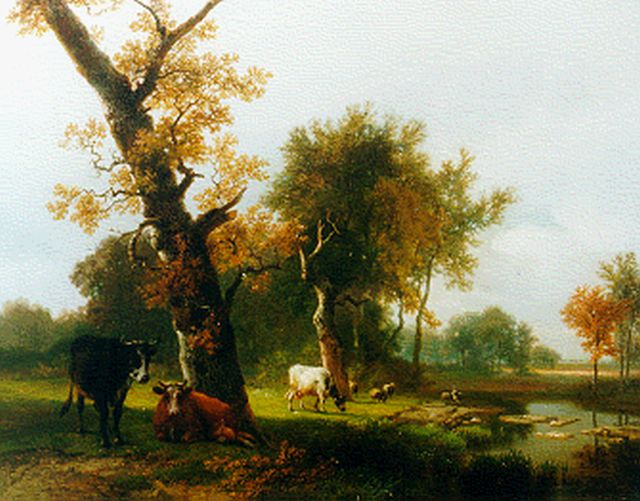 Eugène Joseph Verboeckhoven | Cattle in a wooded landscape, Öl auf Tafel, 35,8 x 45,9 cm, signed l.r.