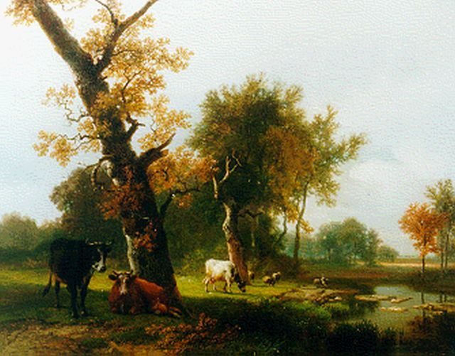 Eugène Verboeckhoven | Cattle in a wooded landscape, Öl auf Holz, 35,8 x 45,9 cm, signed l.r.