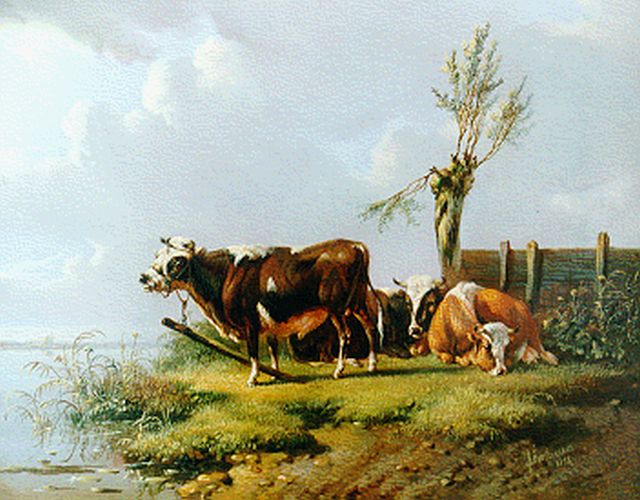 Albertus Verhoesen | Cattle on the riverbank, Öl auf Holz, 14,3 x 17,6 cm, signed l.r. und dated 1856
