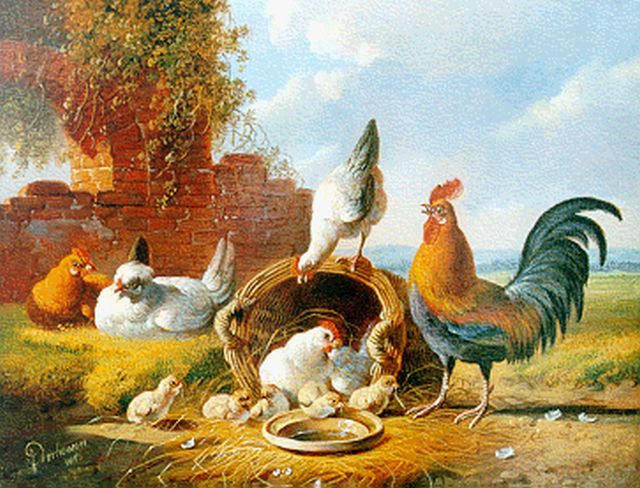 Verhoesen A.  | Poultry by a ruin, Öl auf Holz 18,6 x 24,1 cm, signed l.l. und dated 1876