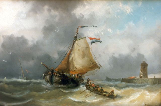 Adrianus David Hilleveld | Shipping of a Quay on a Windy Day, Öl auf Holz, 24,9 x 38,2 cm, signed l.r.