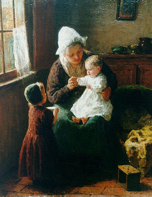 Bernard Pothast | Interior scene with a mother and children, Öl auf Leinwand, 50,0 x 39,8 cm, signed l.r.