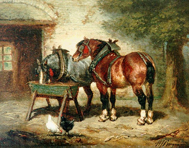 Boogaard W.J.  | Horses eating, Öl auf Holz 27,0 x 21,0 cm, signed l.r.