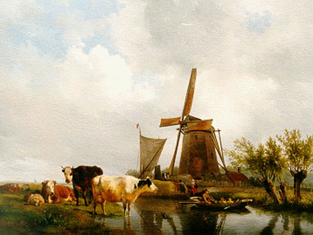 Hendrikus van de Sande Bakhuyzen | Cattle on the riverbank, Öl auf Holz, 47,7 x 63,5 cm, signed l.l.