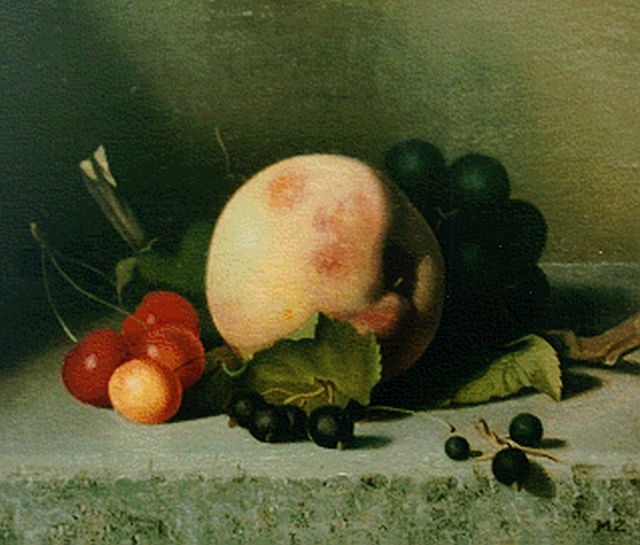Hynckes-Zahn M.  | A still life with cherries, grapes and a peach, 21,1 x 25,0 cm, signed l.r. with initials